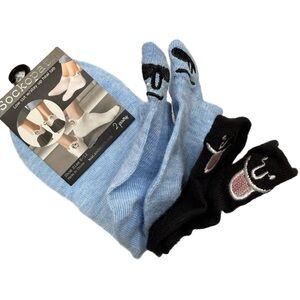 Blue and black low cut fun face socks with stay up heel tab NWT